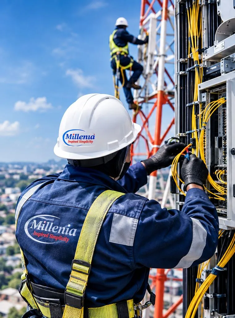 Millenia technician on a tower during an aerial ADSS fibre installation