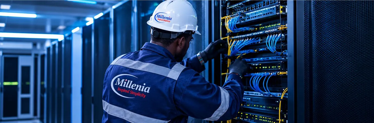 Millenia engineer working inside an enterprise network cabinet