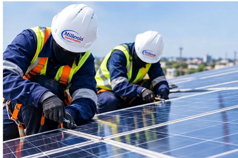 Two Millenia technicians installing solar panels on a rooftop